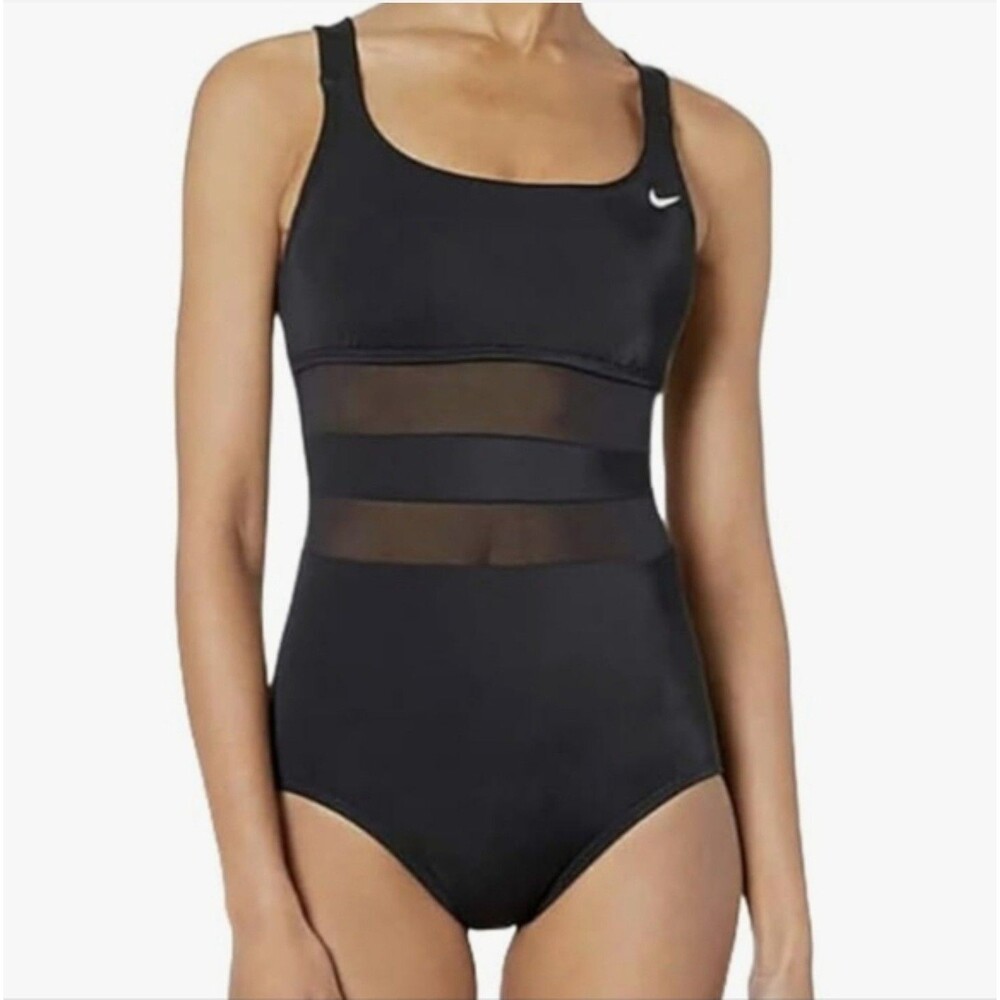 Nike Black Mesh Panel One Piece Swimsuit Women's Size L Athletic